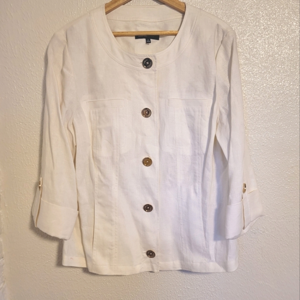 Jones New York 100% Linen Jacket Gold Button Accent sz 1X White